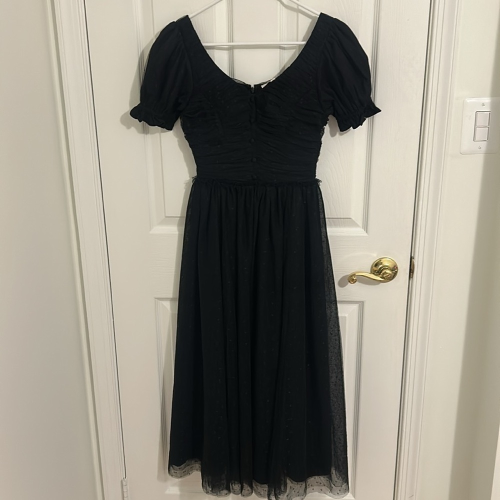 Ivy City Co Gala Black Midi Dress Tulle Puff Sleeve Swiss Polka Dot Size XXS - Picture 5 of 15